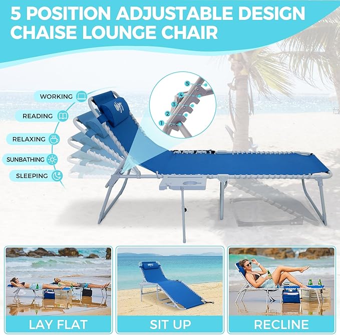 #WEJOY 2 PCS Lounge with Side Table for Outdoor 5-Position Adjustable Recliner Chair for Beach Sunbathing Patio Pool Lawn Lay Flat Portable Camp Reclining Chair with Shoulder Strap Side Pocket