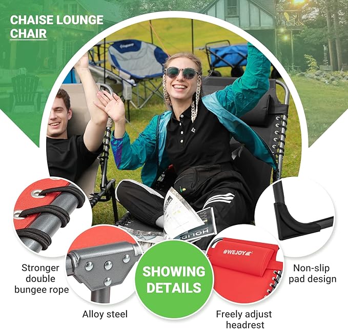 #WEJOY Outdoor Folding Chaise Lounge Chair for Outside, Patio, Beach, Poolside, Sunbathing, Adjustable 5-Position Reclining Chairs, Heavy Duty Camping Cot with Shoulder Strap and Pillow, Red