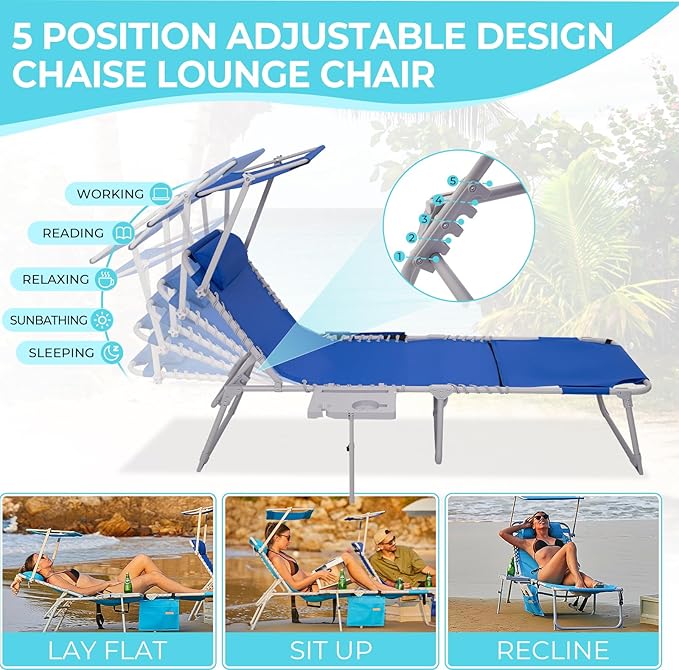 #WEJOY 4 in 1 Tanning Chair with Face Hole & Canopy & Side Table, 5 Positions Adjustable Folding Quick Dry Facedown Chaise Lounge with Pillow for Beach Poolside Outdoor Camping Patio (Darkblue)